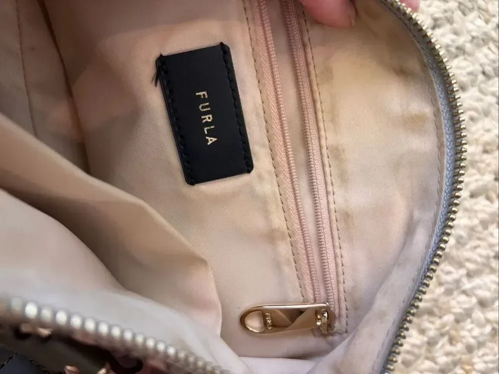 Furla Monogram Nylon Satchel Crossbody Bag Pink Green Stripe Designer Tote, $395